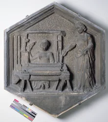 Die Kunst des Webens, sechseckige dekorative Reliefkachel aus einer Serie, die die Praktiker der Künste und Wissenschaften darstellt, möglicherweise basierend auf Entwürfen von Giotto, ca. 1334-48